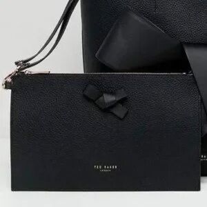 Ted Baker London Allie Knot Black Leather Zip Pouch Small Clutch NWOT